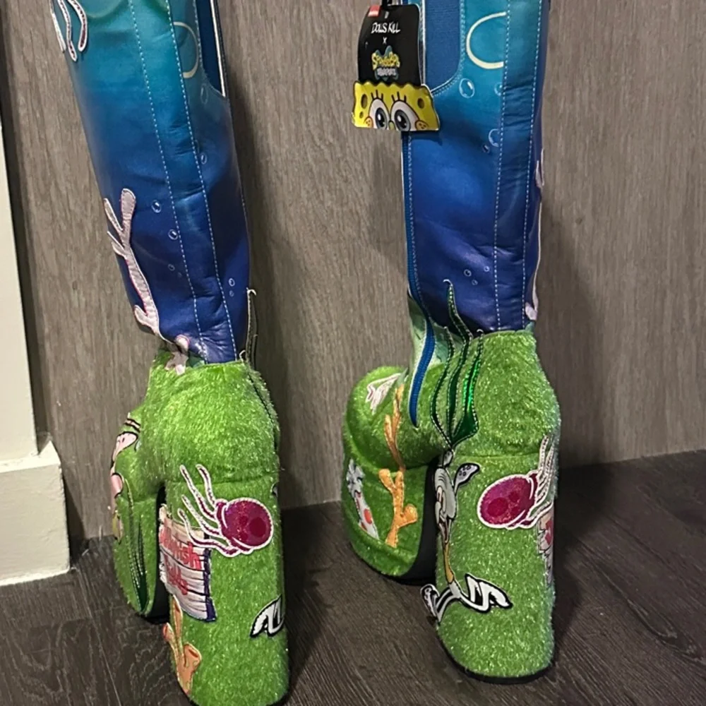 Dollskill x SpongeBob SquarePants Themed Platform Boots - Bright Blue & Green